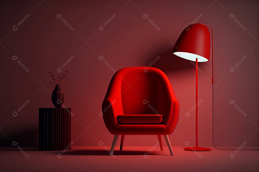 Um quarto vermelho vazio com uma poltrona vermelha gerada por IA