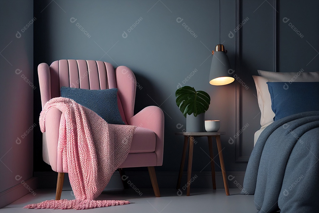 Bela poltrona relaxante bagunçada sobre fundo de um quarto IA