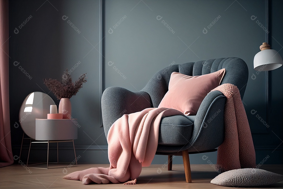 Bela poltrona relaxante bagunçada sobre fundo de uma sala IA