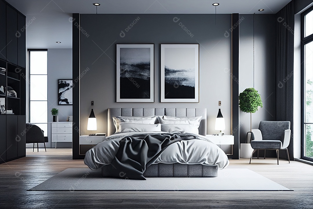Decoração de quarto design de interiores para casa estilo industrial contemporâneo com obras de arte decoradas com material de vidro e metal  IA