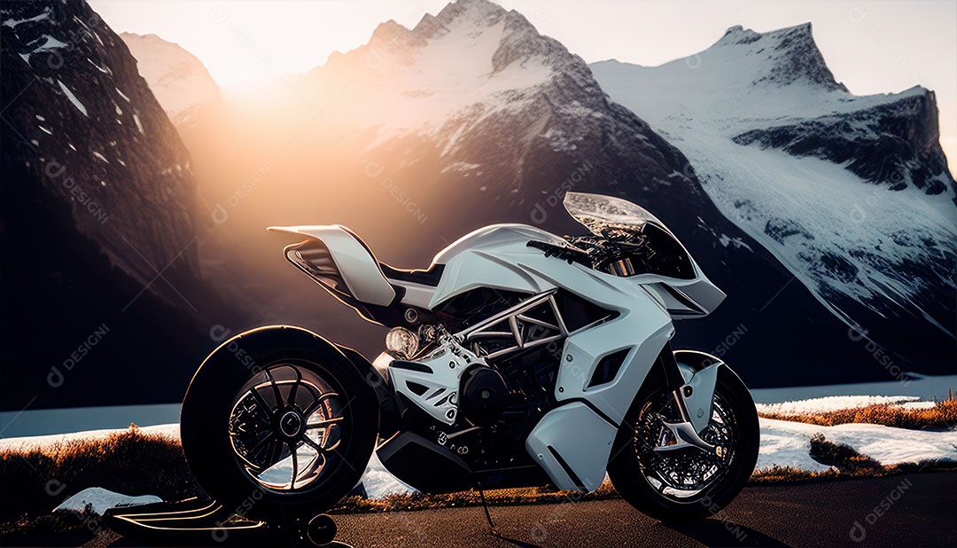 Moto esportiva sobre uma garagem.