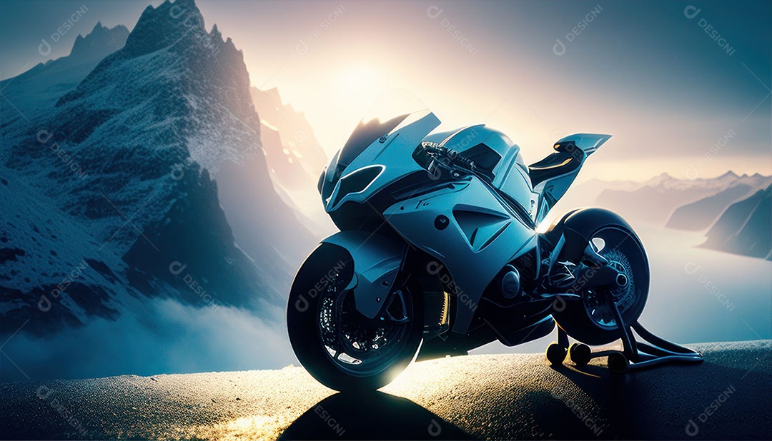 Moto esportiva sobre uma garagem.