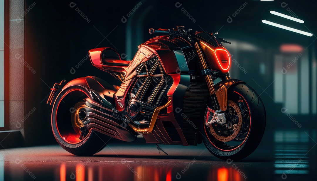 Moto esportiva sobre uma garagem.