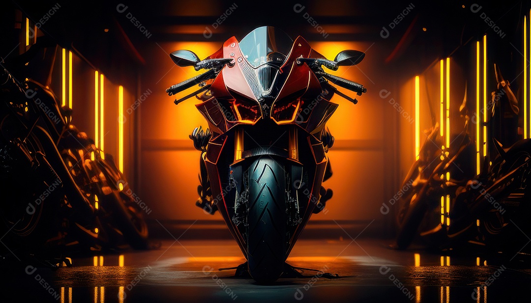 Moto esportiva sobre uma garagem.