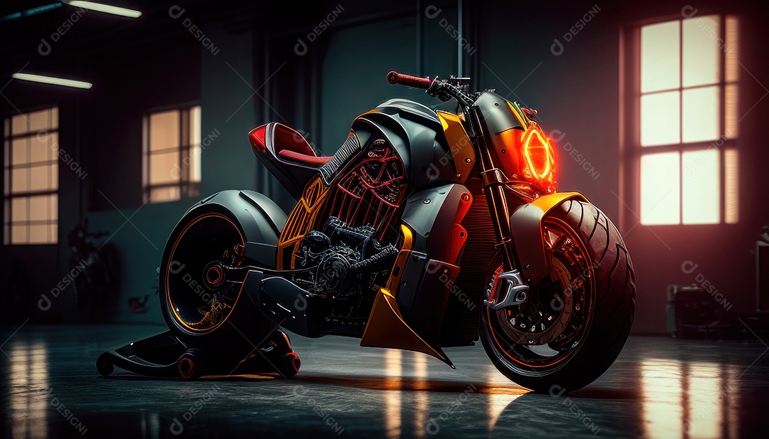 Moto esportiva sobre uma garagem.