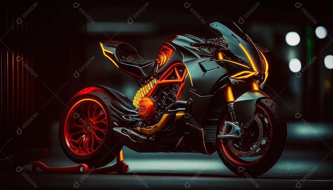 Moto esportiva sobre uma garagem.