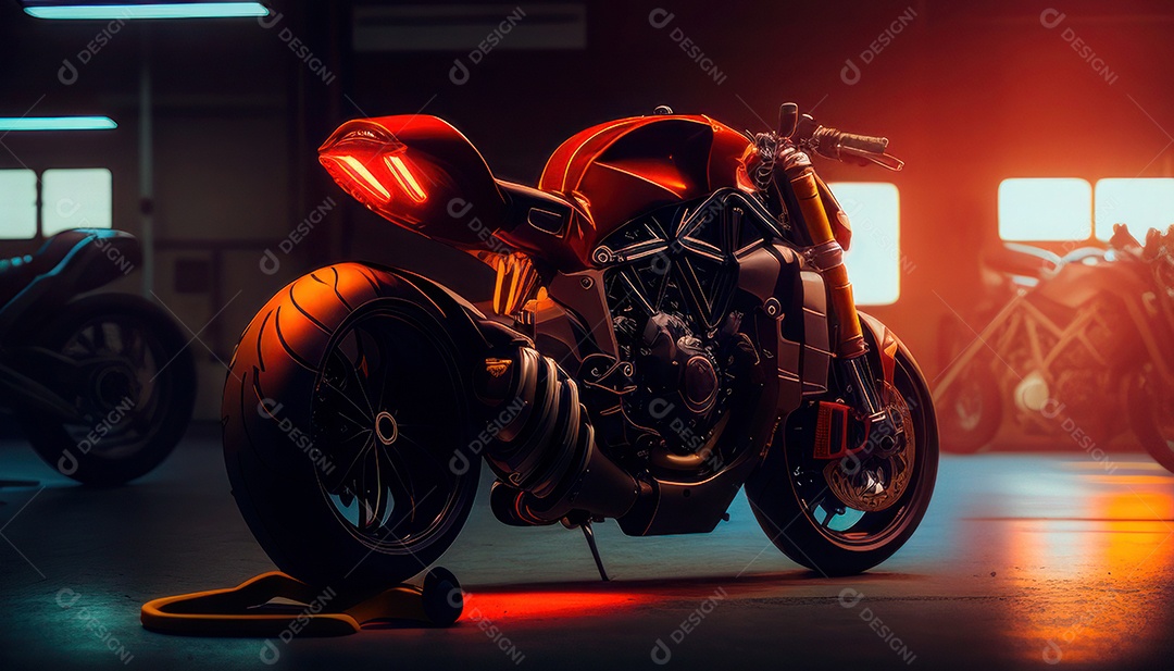 Moto esportiva sobre uma garagem.