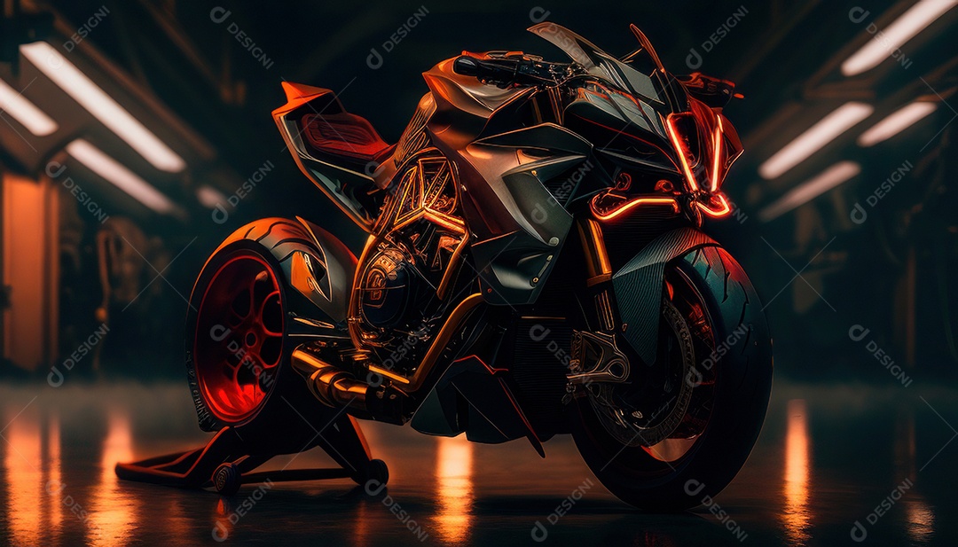 Moto esportiva sobre uma garagem.