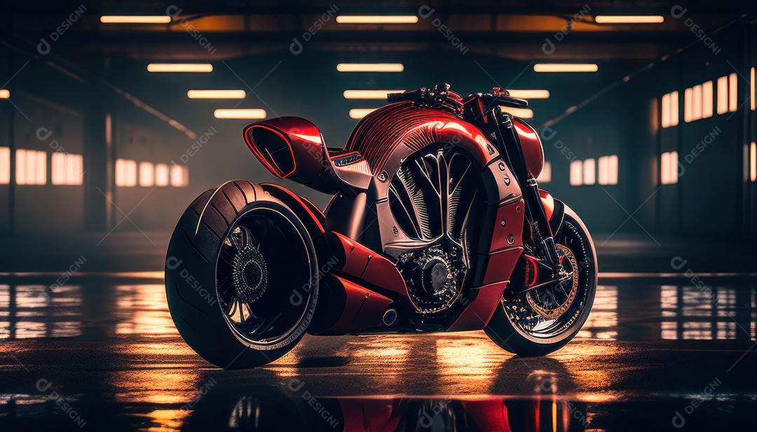 Moto esportiva sobre uma garagem.