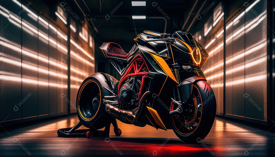 Moto esportiva sobre uma garagem.