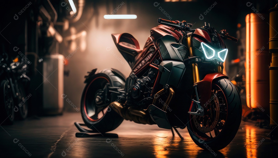 Moto esportiva sobre uma garagem.