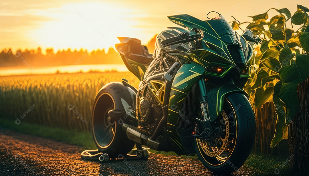 Moto esportiva sobre rua deserta.