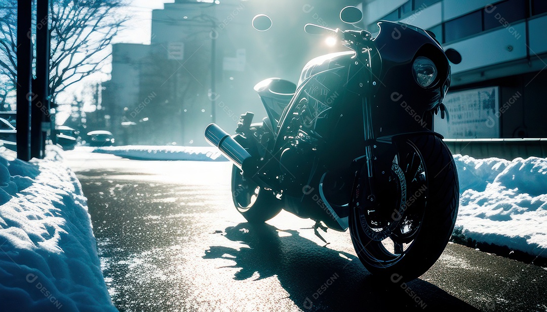 Moto esportiva sobre rua deserta.