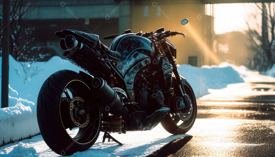 Moto esportiva sobre rua deserta.