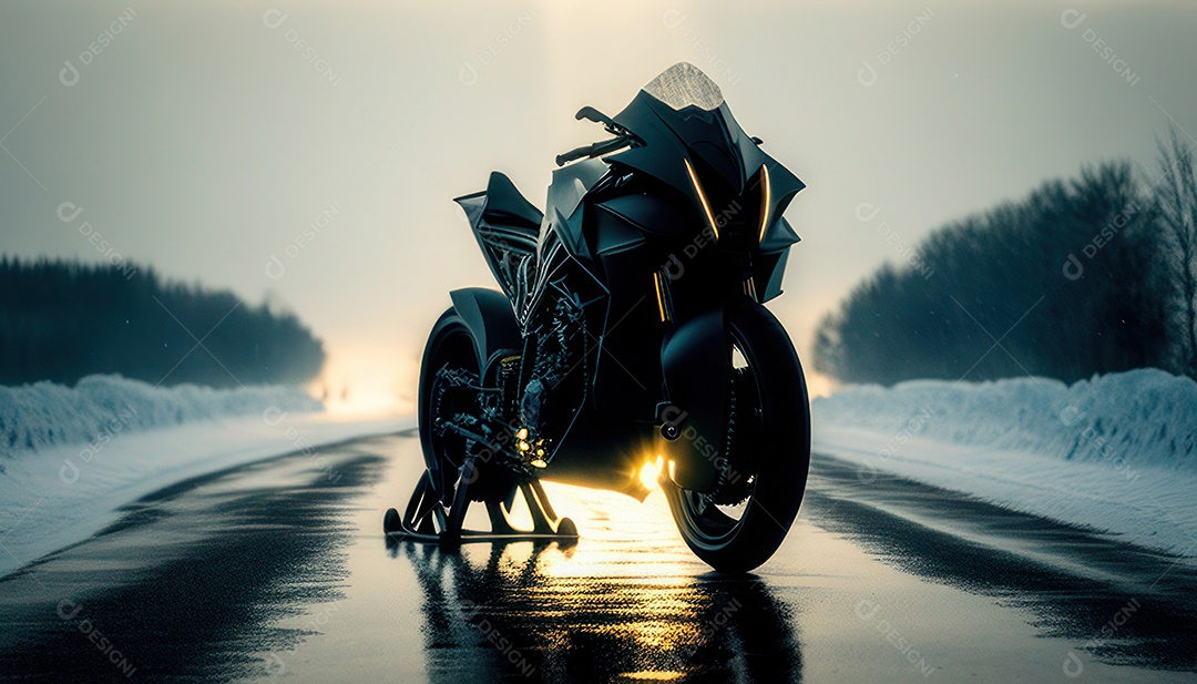 Moto esportiva sobre rua deserta.