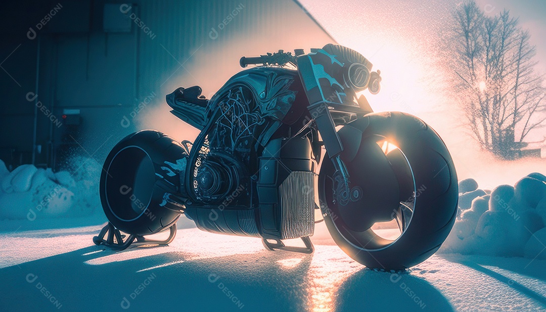 Moto esportiva sobre rua deserta.