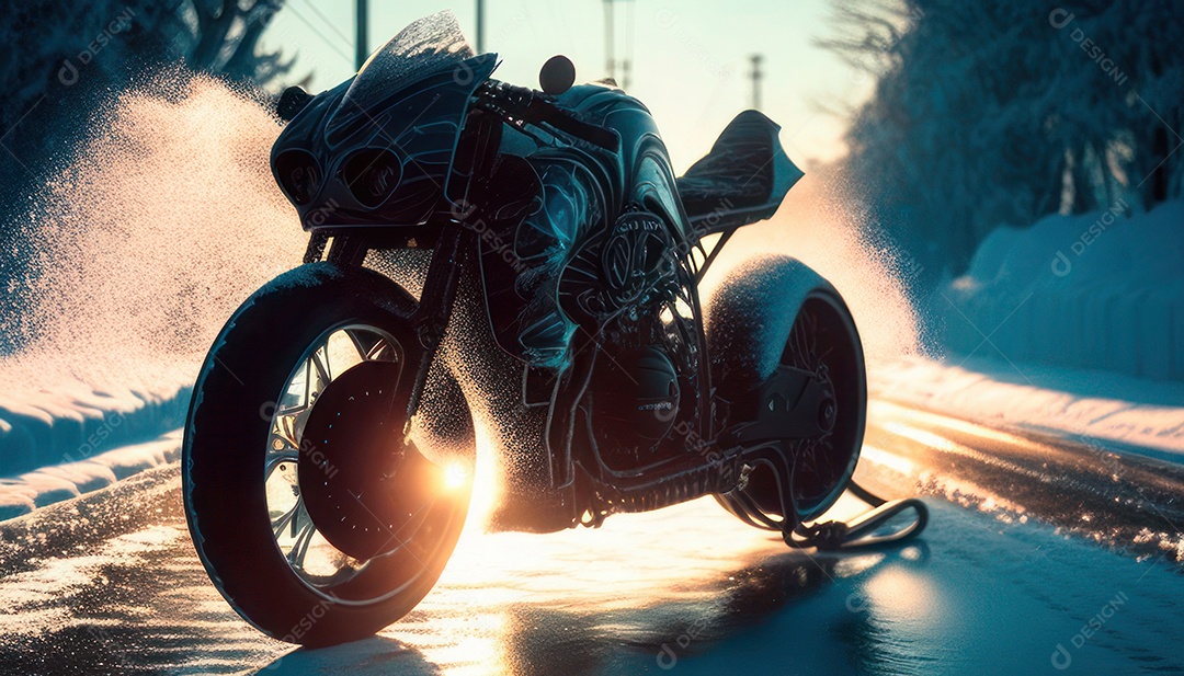 Moto esportiva sobre rua deserta.