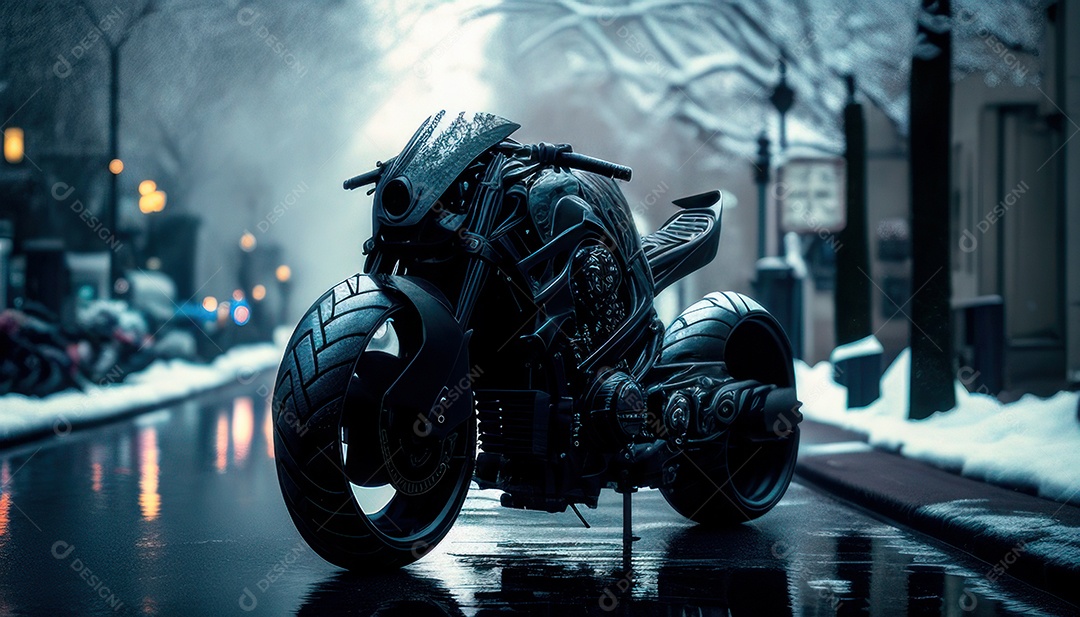 Moto esportiva sobre rua deserta.