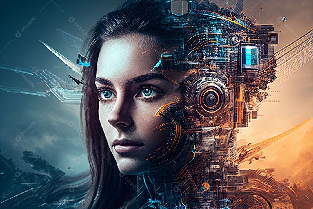 Mulher com rosto robótico com circuitos em background gerado por IA