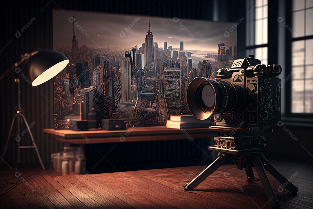 Fundo com  grande câmara com edificios foto estudio antecedentes gerado por IA