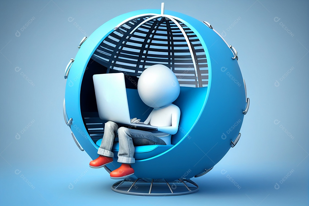 Fundo em 3D com pessoa usando leptop sobre globo azul gerado por IA