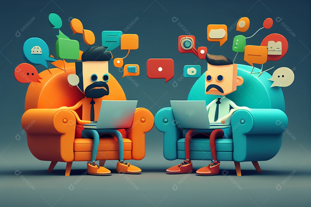 Ilustração 3D de homens conectados em internet com leptop sobre fundo gerado por IA