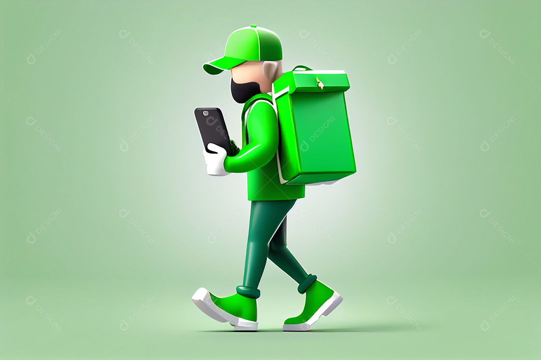 Desenho ilustrativo de entregador com encomendas segurando esmartphone em 3D sobre fundo verde gerado por IA