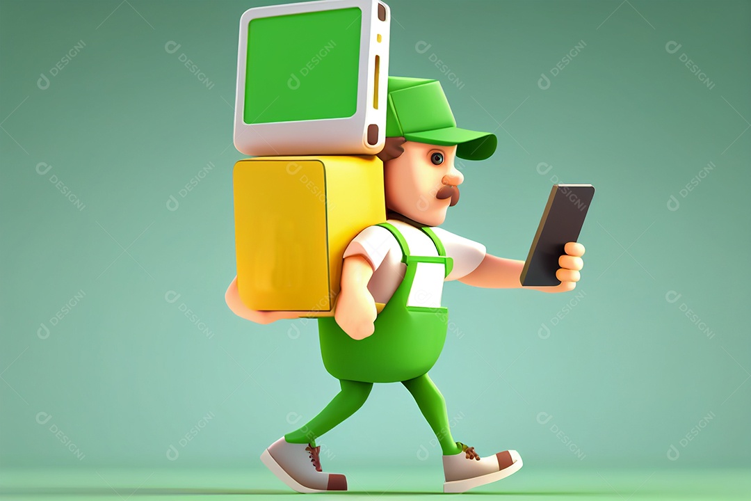 Desenho ilustrativo de entregador com encomendas segurando esmartphone em 3D sobre fundo verde gerado por IA