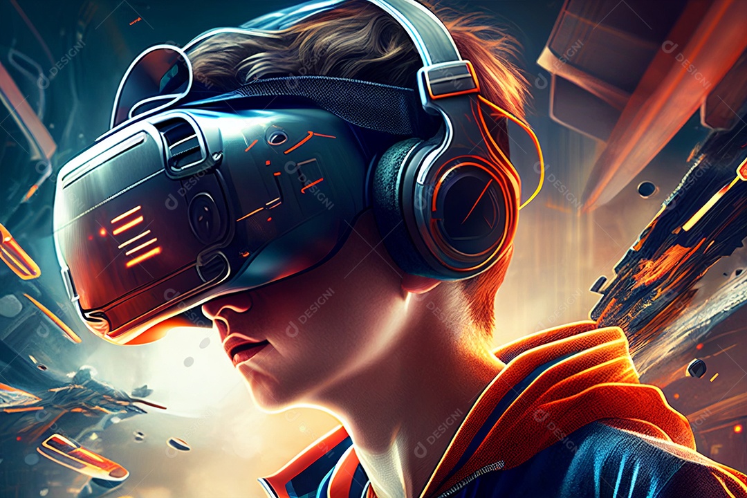 Ilustração gamer com óculos virtual  3D sobre fundo abstrato gerado por IA