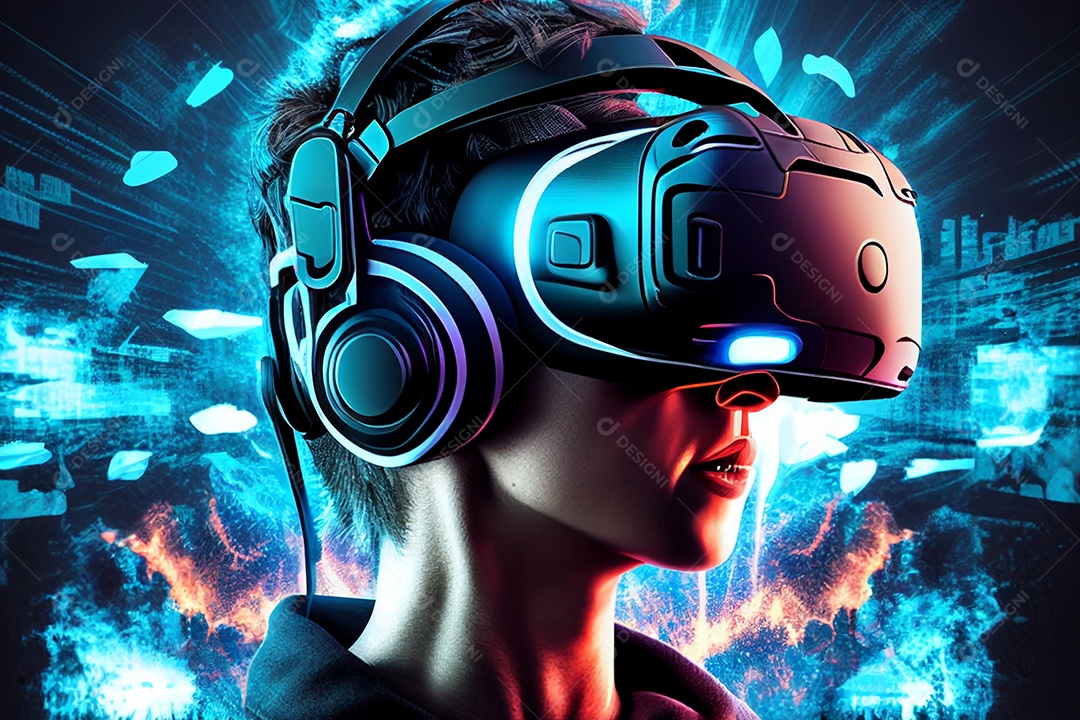 Ilustração gamer com óculos virtual  3D sobre fundo abstrato gerado por IA