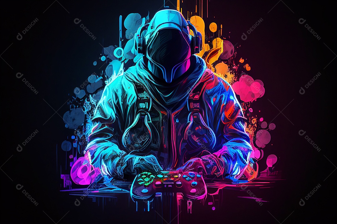 Desenho ilustrativo conceito gamer com cores abstratas sobre fundo isolado IA