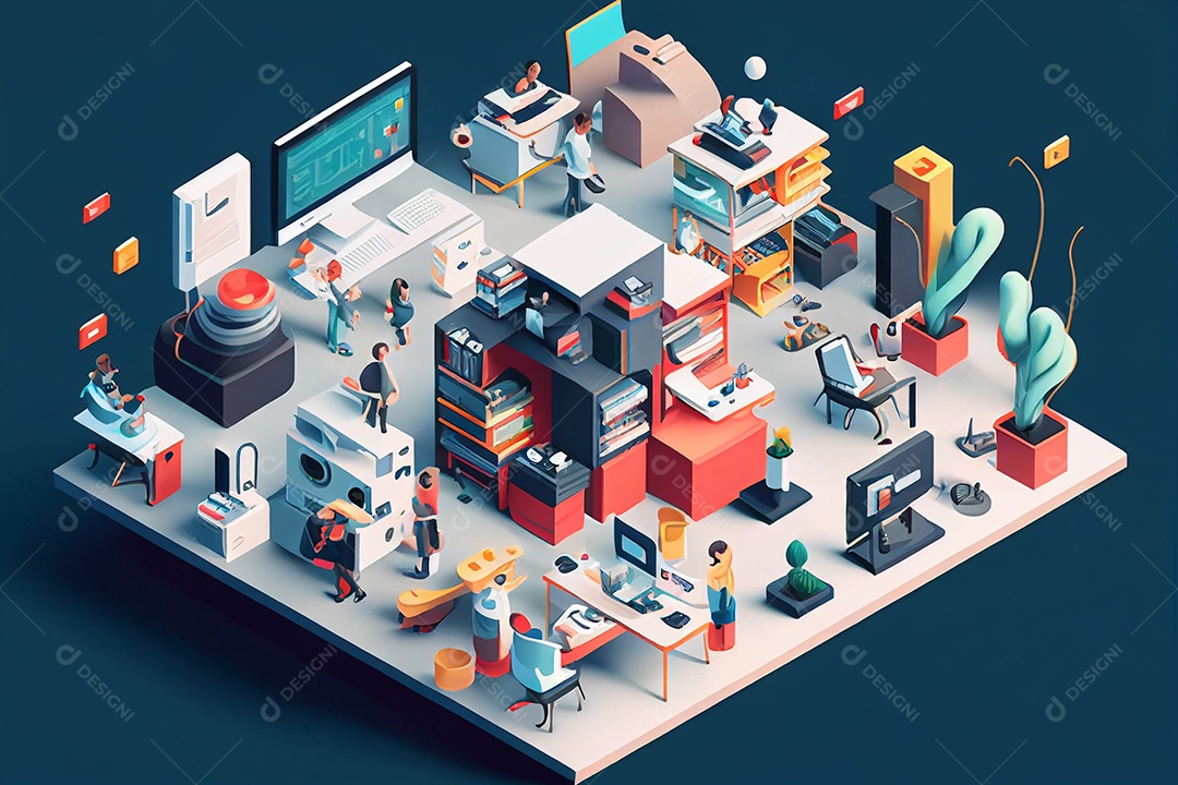 Lindo desenho escritório em 3d sobre fundo azul isolado gerado por IA