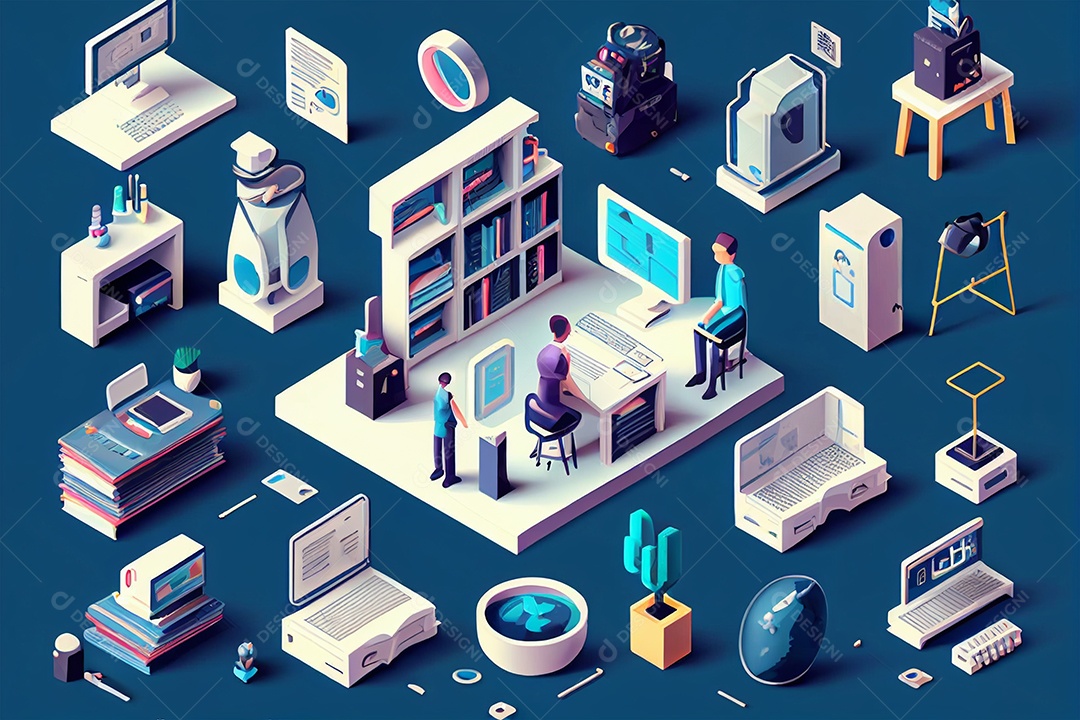 Fundo ilustração conceito em computação em nuvem de locais de trabalho isométricos em 3D gerado por IA