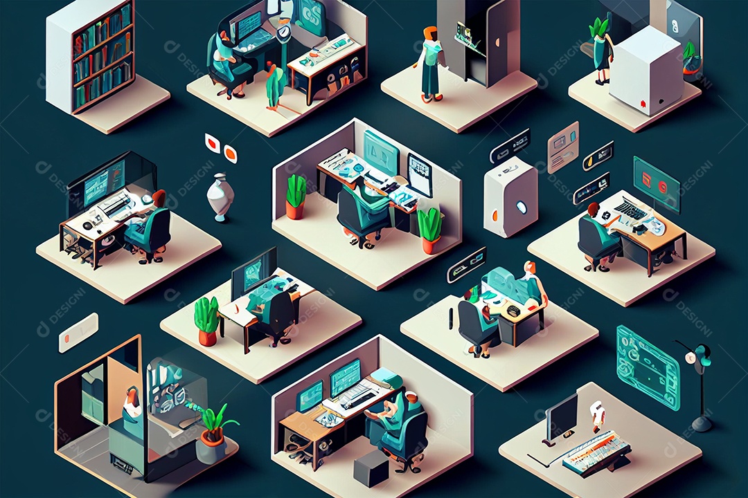 Fundo ilustração conceito em computação em nuvem de locais de trabalho isométricos em 3D gerado por IA