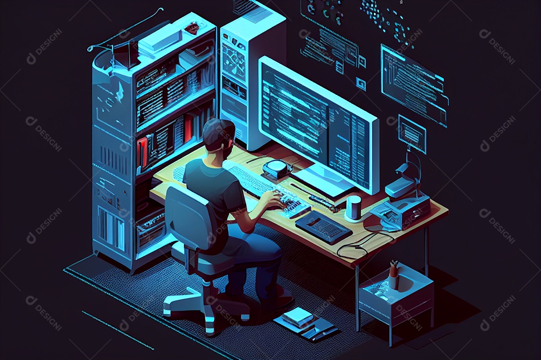 Fundo de ilustração de desenho programador de computador trabalhando em 3D sobre escritório gerado por IA