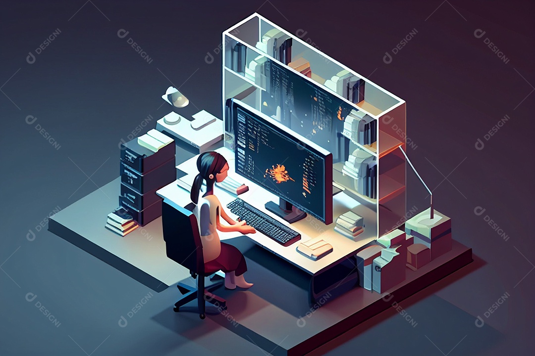 Fundo de ilustração de desenho programador de computador trabalhando em 3D sobre escritório gerado por IA