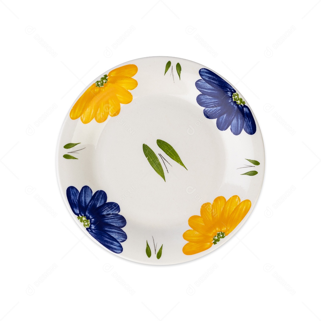 Placa cerâmica decorada branca velha com flores amarelas e azuis