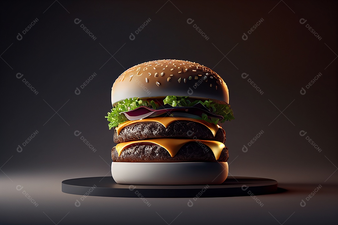 Hambúguer em 3D em tábua sobre fundo gerado por IA
