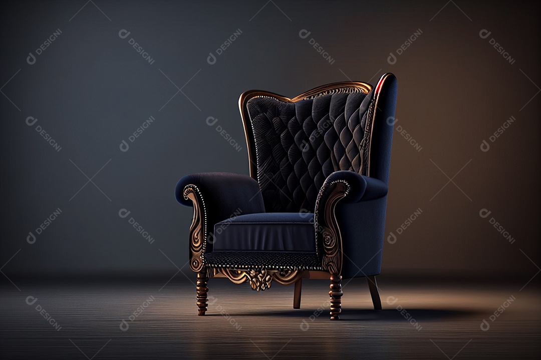 Uma poltrona preta com encosto de madeira fica em frente a um fundo preto gerado por IA