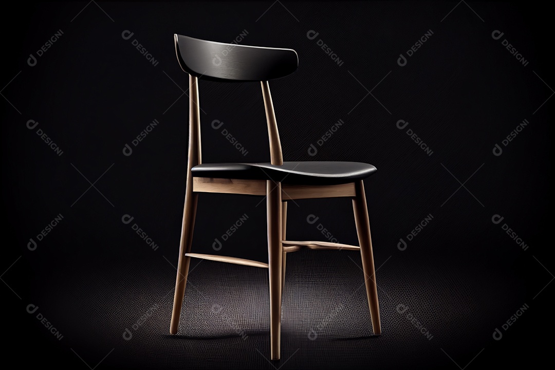 Uma cadeira preta com encosto de madeira fica em frente a um fundo preto gerado por IA