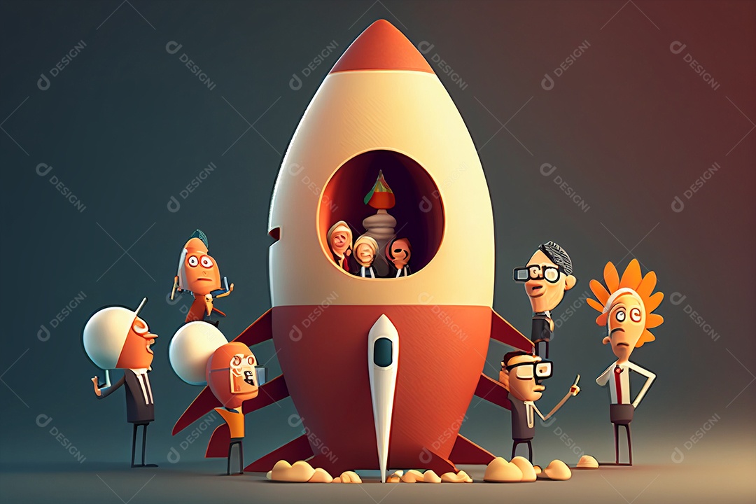 Pessoas em miniatura ao redor de um foguete 3D gerado por IA