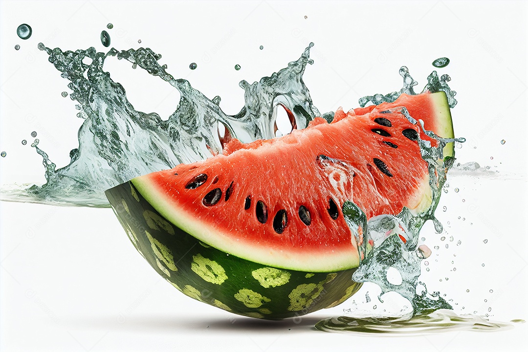 Ilustração de frutas frescas de melancia 3D com respingos de água no fundo branco gerado por IA