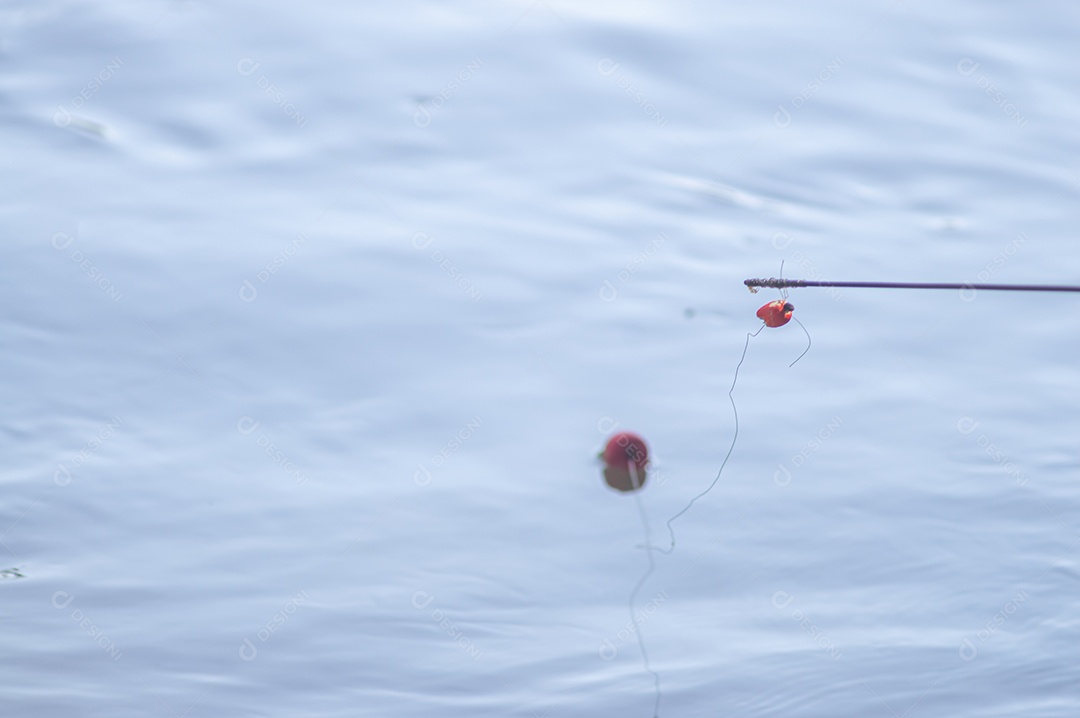 Conceito de pesca com bóia de pesca na água com linha, luz natural.
