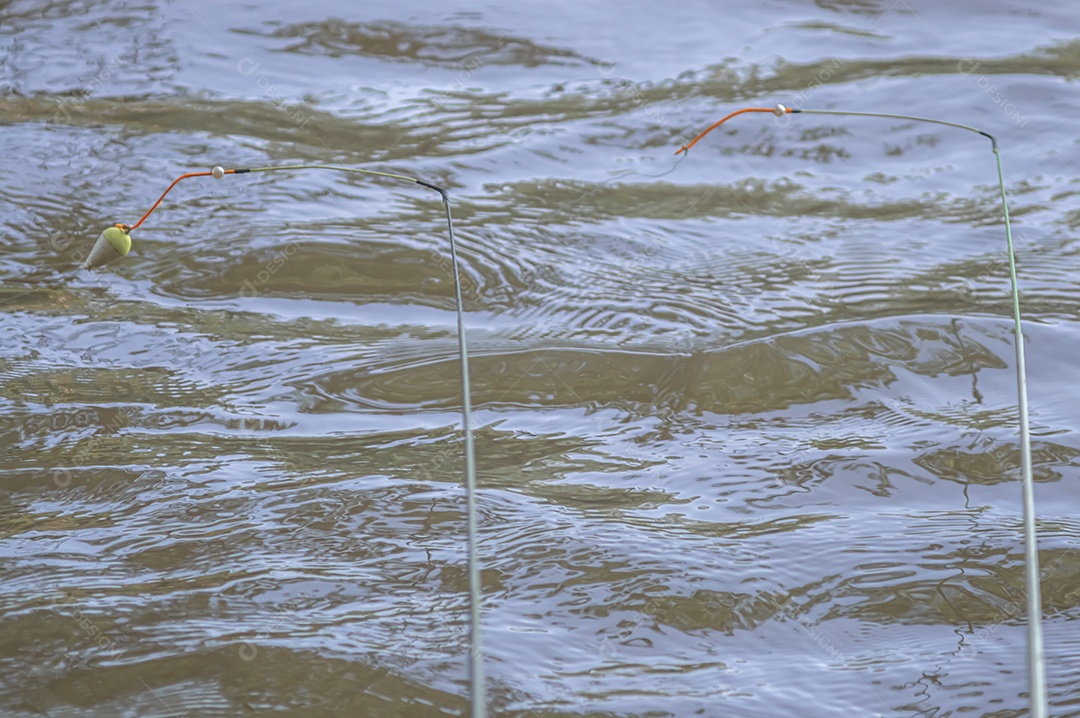 Conceito de pesca com boia de pesca na água com linha, luz natural.
