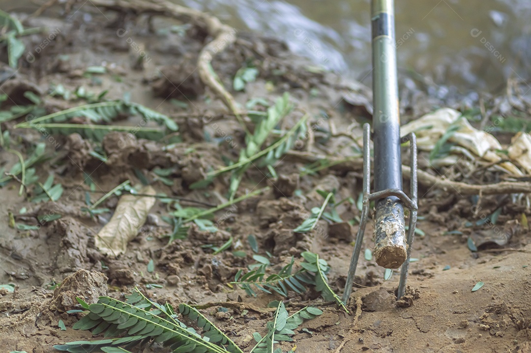 Varas de pesca presas no suporte à beira de um rio, conceito de pesca.