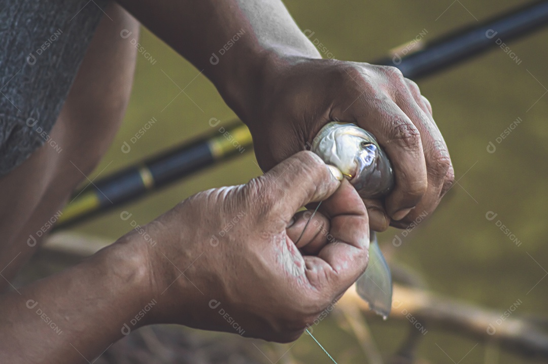 Homem tirando o anzol da boca de um peixe que acabou de pescar, conceito de pesca.