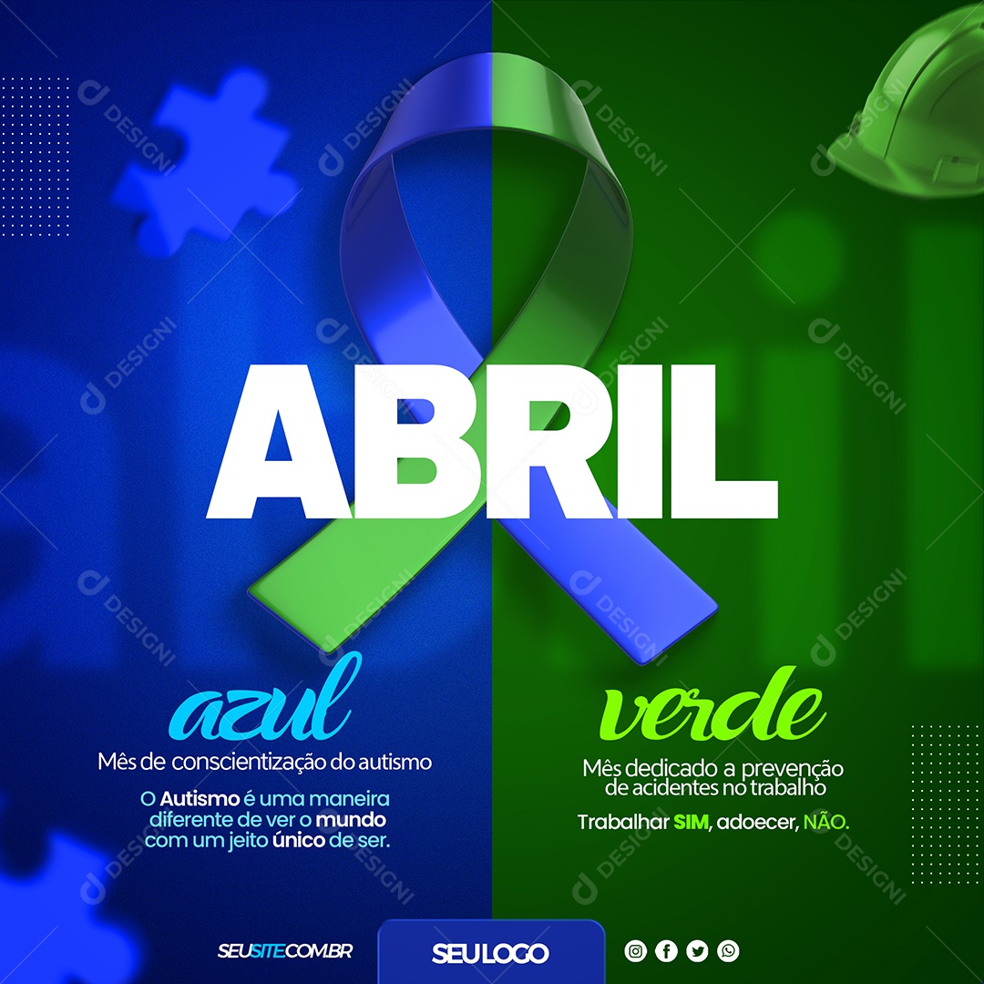 Abril Verde e Azul Mês de Conscientização Do Autismo e Mês Dedicado a Prevenção De Acidentes no Trabalho Social Media PSD Editável