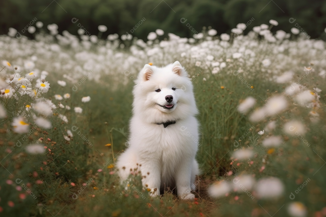 Um filhote de samoieda com pelos fofos sentado em um campo de flores
