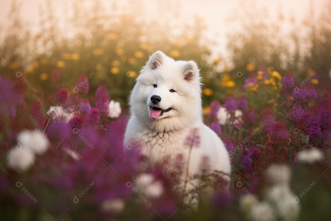 Um filhote de samoieda com pelos fofos sentado em um campo de flores
