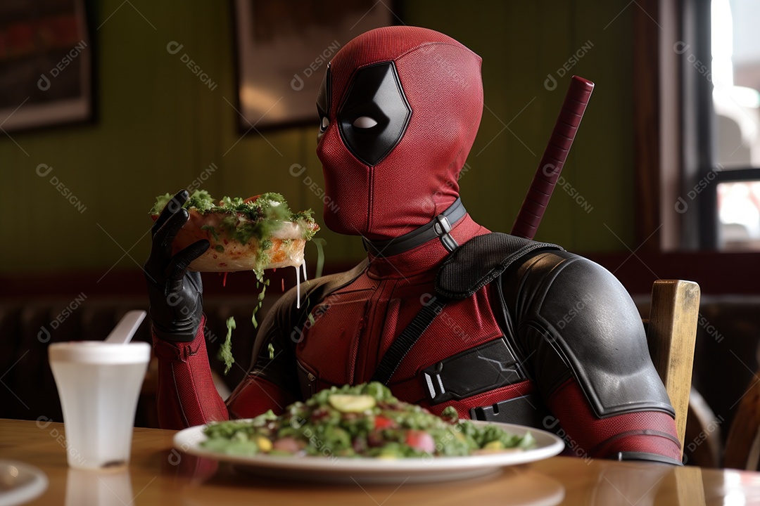 Deadpool comendo uma salada verde em um café